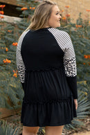 Black Plus Size Striped Leopard Patch Sleeve Ruffle Tiered Dress - SELFTRITSS