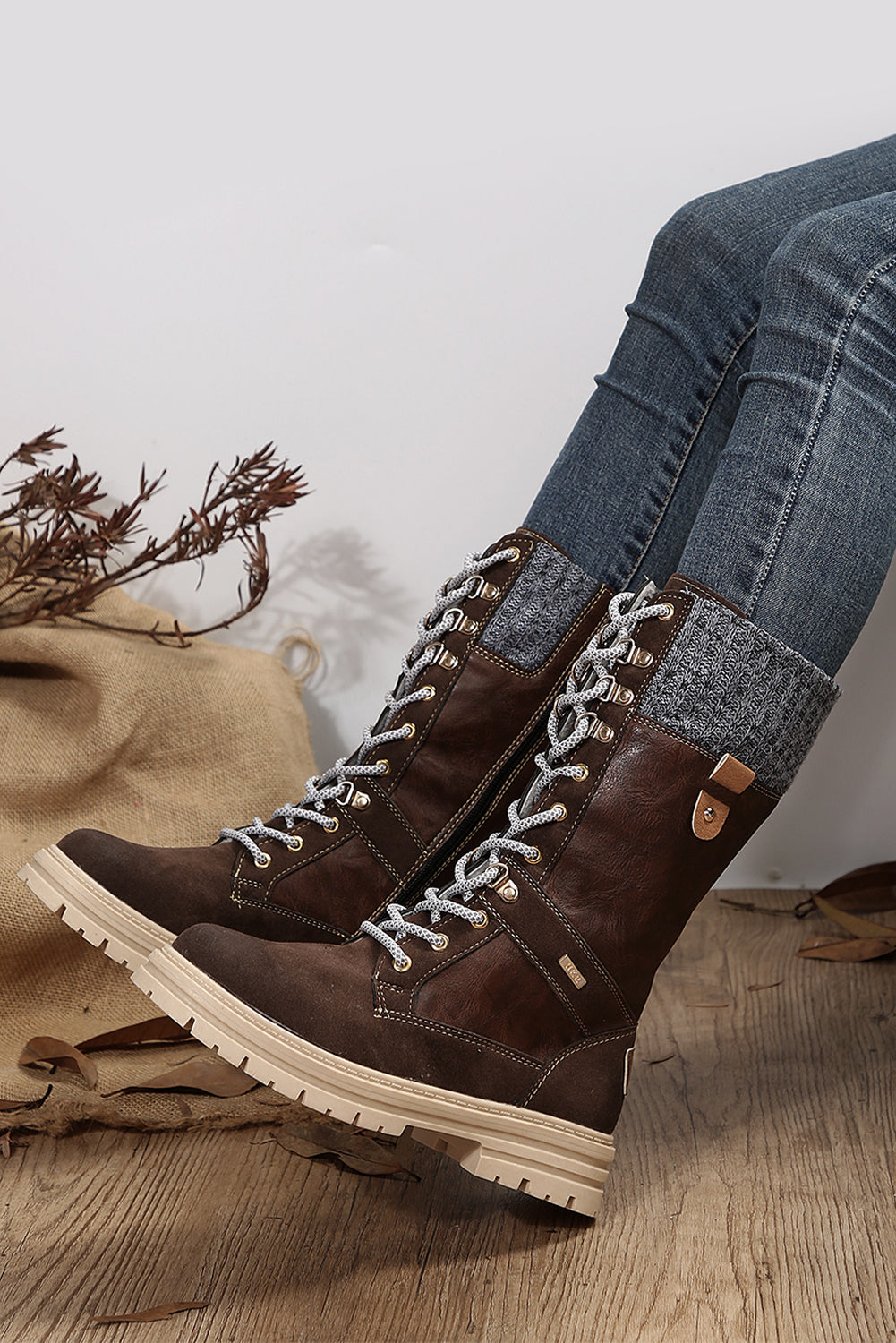 Coffee Wool Knit Patchwork Lace Up Leather Boots - SELFTRITSS