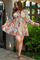 Brown Plus Size Vintage Floral Print Drawstring Waist Mini Dress - SELFTRITSS