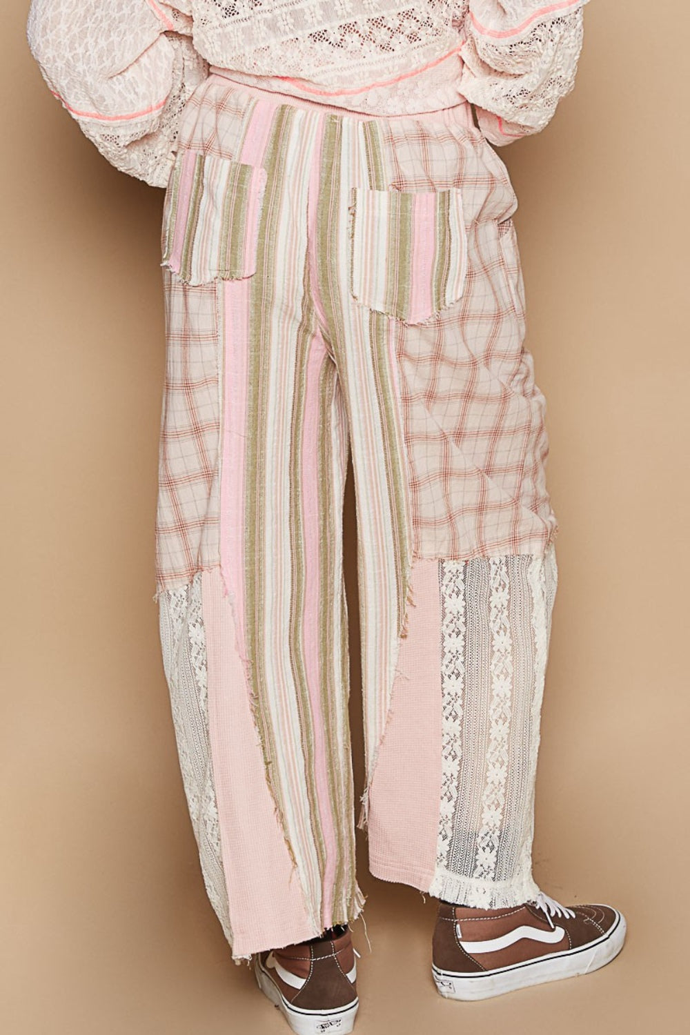 POL Drawstring Plaid Print Lace Straight Pants