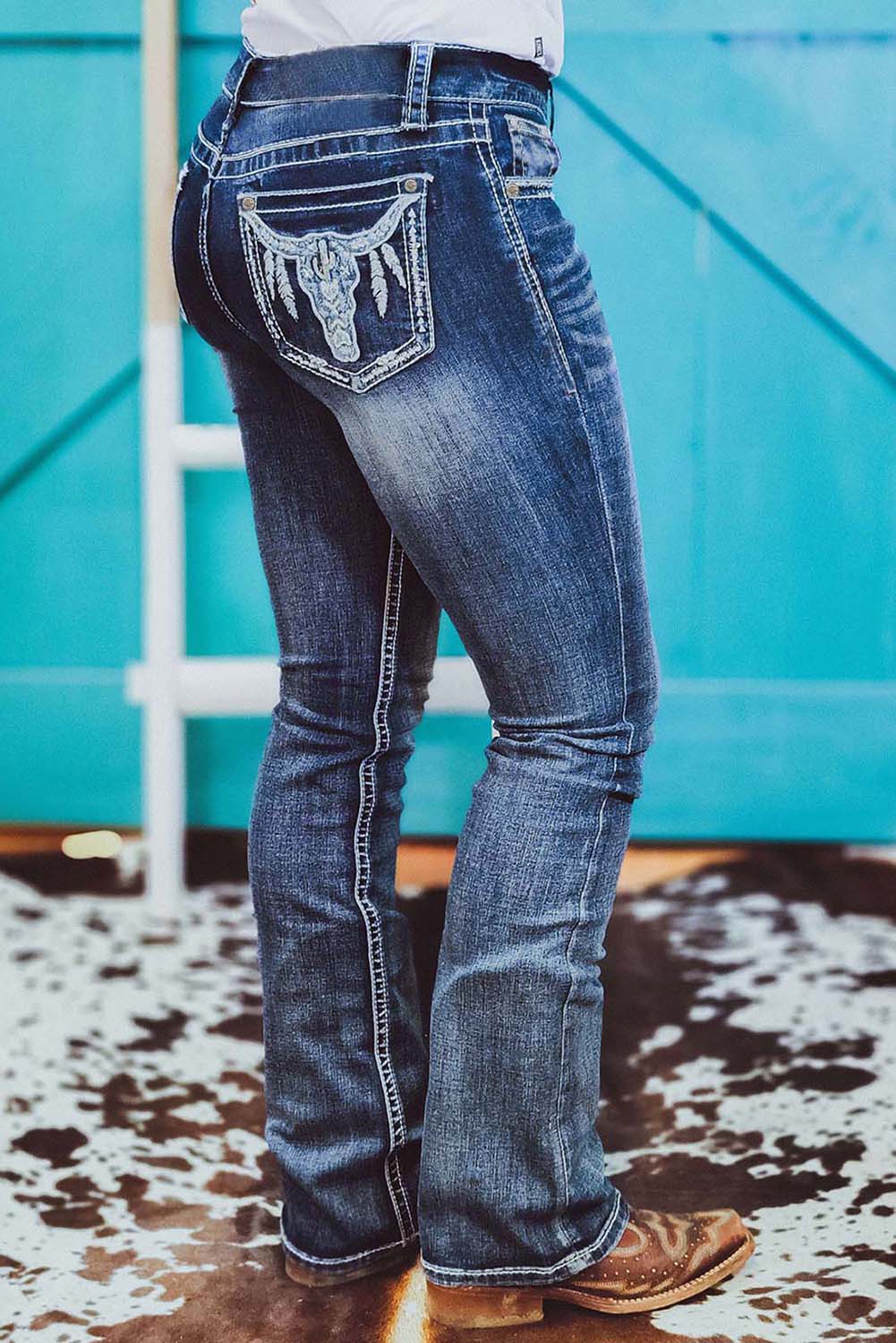 Sky Blue Embroidered Cow Straight Leg Jeans - SELFTRITSS