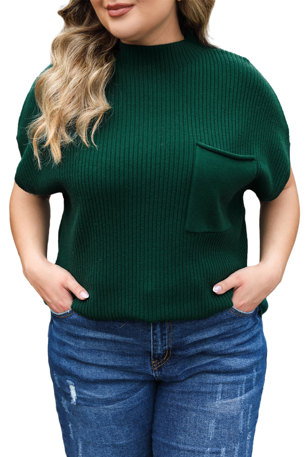 Jungle Green Plus Size Mock Neck Chest Pocket Short Sleeve Sweater - SELFTRITSS