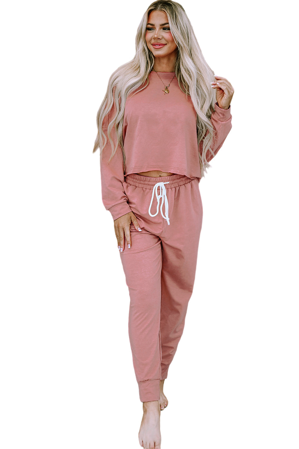 Pink Solid Sport Boxy Fit Pullover & Pants Outfit - SELFTRITSS   