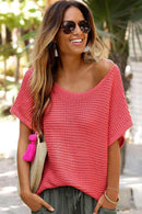 Red Clay Solid Loose Knit Short Dolman Sleeve Sweater - SELFTRITSS   