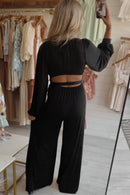 Black Cutout Back Belted V Neck Wide Leg Jumpsuit - SELFTRITSS   