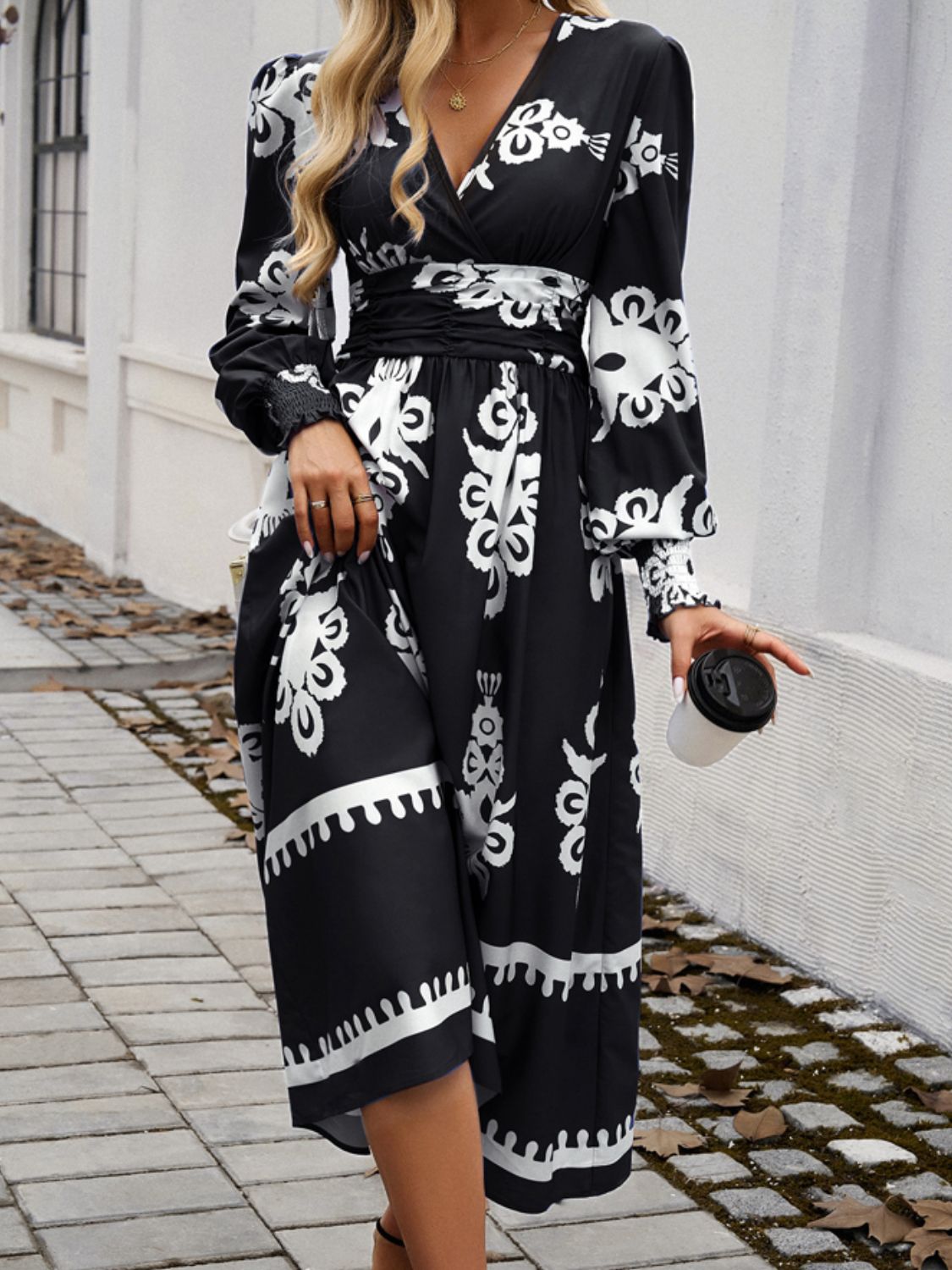 Devine Printed Surplice Lantern Sleeve Midi Dress - SELFTRITSS   