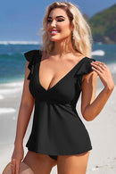 Black Sexy V Neck Ruffle Sleeve Tankini Top - SELFTRITSS   