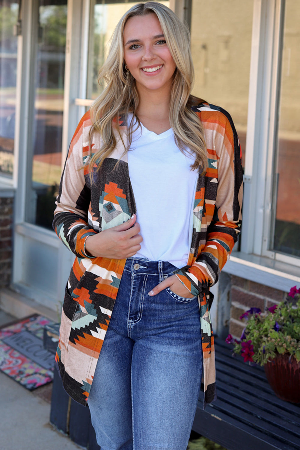 Orange Western Tribal Aztec Print Cardigan - SELFTRITSS   