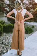 Brown Striped Pleated Wide Leg Pocketed Jumpsuit - SELFTRITSS   