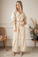 Apricot Keyhole Back V Neck Tie Waist Loose Jumpsuit - SELFTRITSS