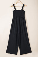 Black Smocked Sleeveless Wide Leg Jumpsuit with Pockets - SELFTRITSS