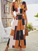 Color Block V-Neck Top and Wide Leg Pants Set - SELFTRITSS   