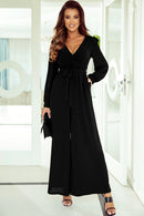 Black Cutout Back Belted V Neck Wide Leg Jumpsuit - SELFTRITSS   