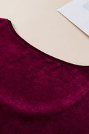 Burgundy Velvet Bubble Sleeve U Neck Plus Size Top - SELFTRITSS