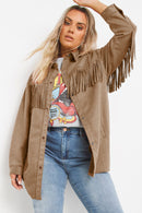 Khaki Fringe Trim Plus Size Suede Shacket - SELFTRITSS