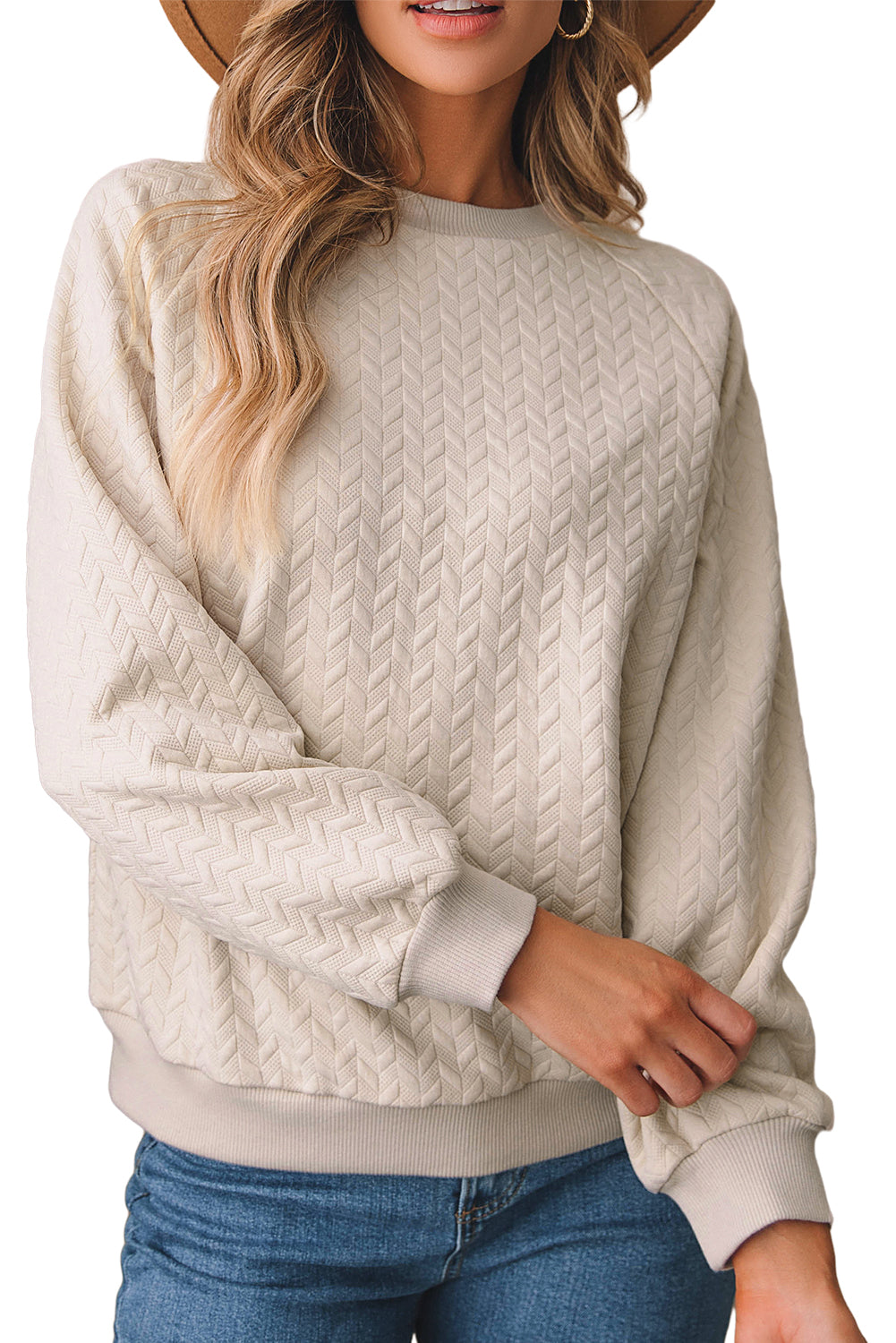 Beige Solid Textured Raglan Sleeve Pullover Sweatshirt - SELFTRITSS   