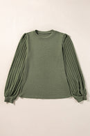 Jungle Green Contrast Ribbed Bishop Sleeve Top - SELFTRITSS