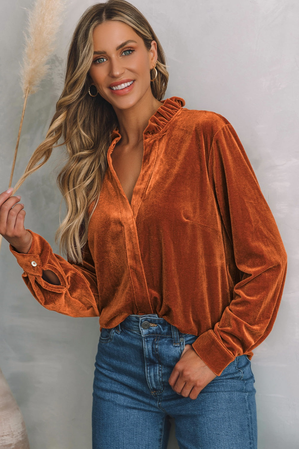 Notched Frill Detail Long Sleeve Blouse - SELFTRITSS