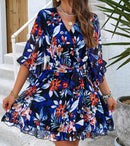 Summer Floral Print Short Sleeves Lace Up Ruffle Dress - SELFTRITSS   