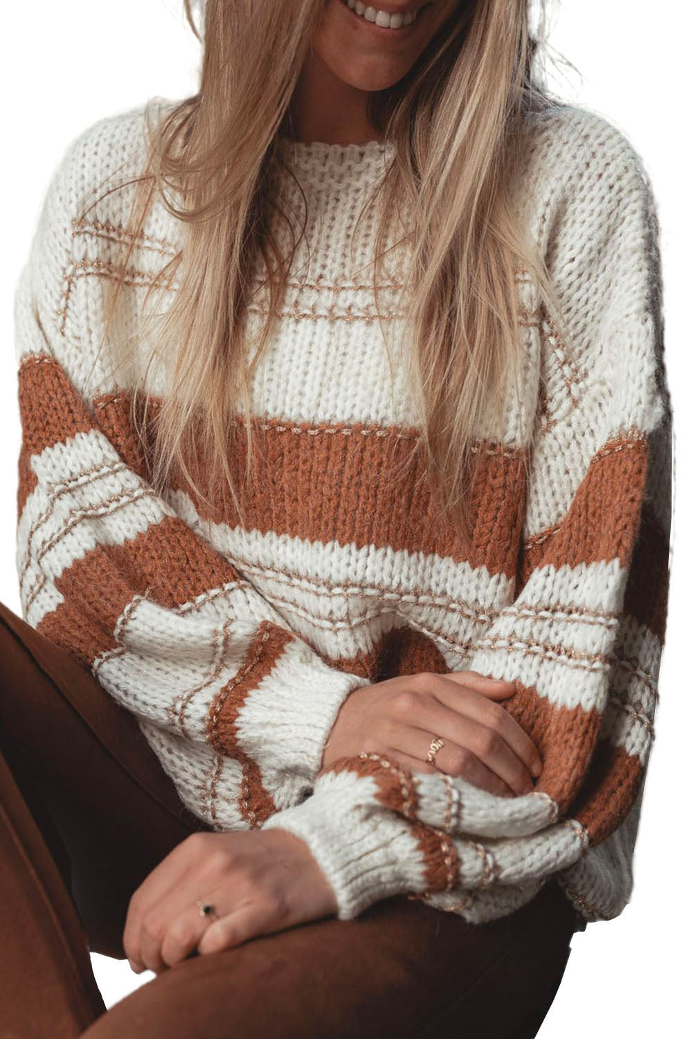 White Striped Knit Puff Sleeve Casual Sweater - SELFTRITSS