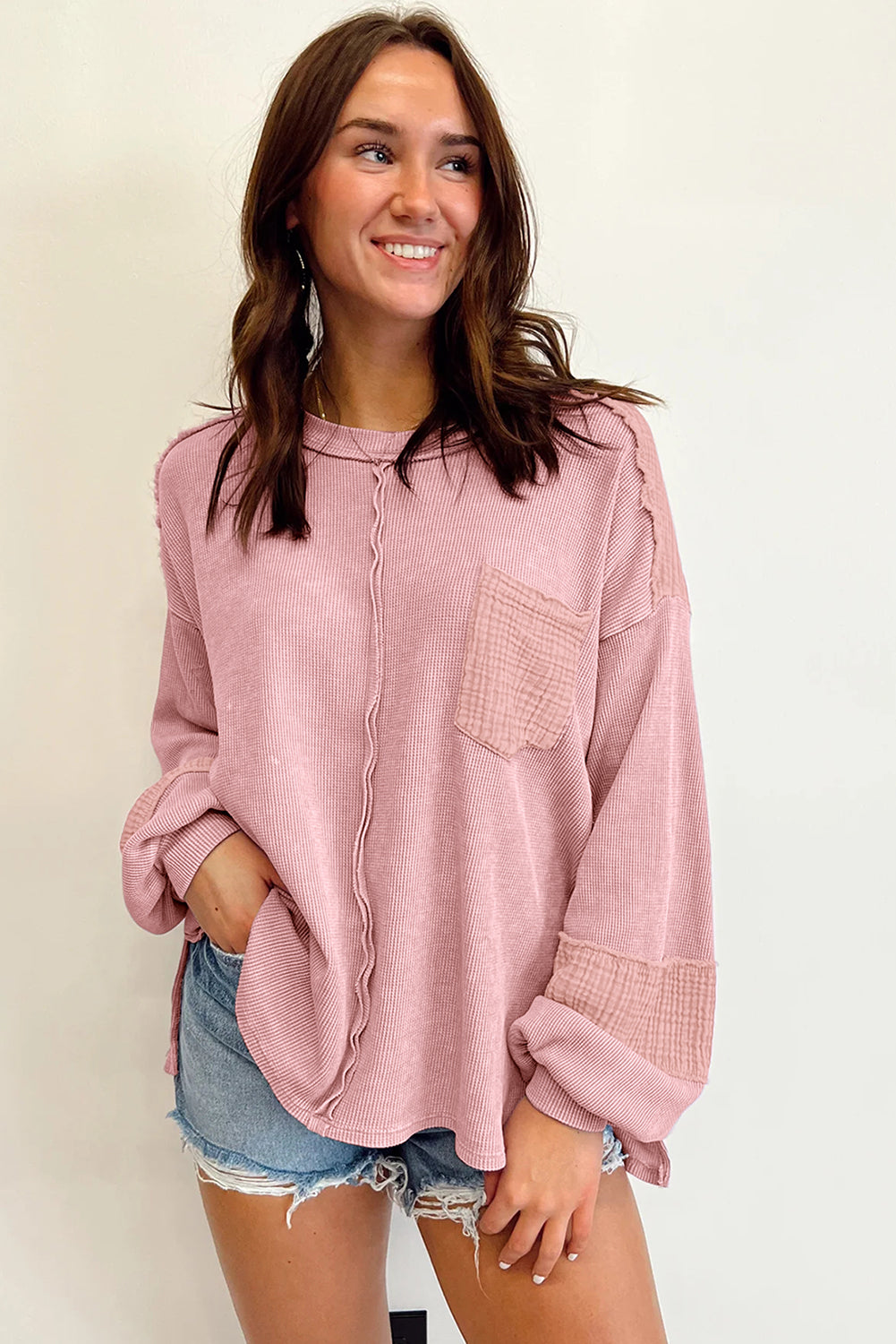 Pink Exposed Seam Patchwork Bubble Sleeve Waffle Knit Top - SELFTRITSS   