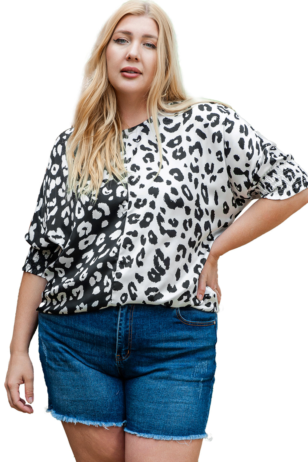 Black Plus Size Contrast Leopard Half Sleeve Blouse - SELFTRITSS