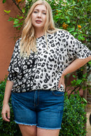 Black Plus Size Contrast Leopard Half Sleeve Blouse - SELFTRITSS