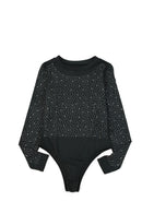 Black Rhinestone O-neck Long Sleeve Bodysuit - SELFTRITSS