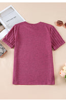 Bright Pink Ribbed Splicing Sleeve Round Neck T-shirt - SELFTRITSS