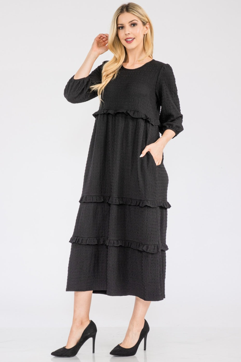 Celeste Full Size Tiered-Ruffle Midi Dress - SELFTRITSS