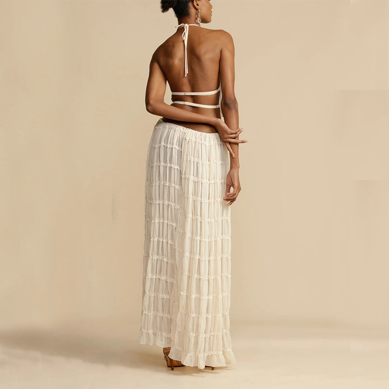 Sleeveless Backless Cropped Halter Top And Pleated Skirt Set