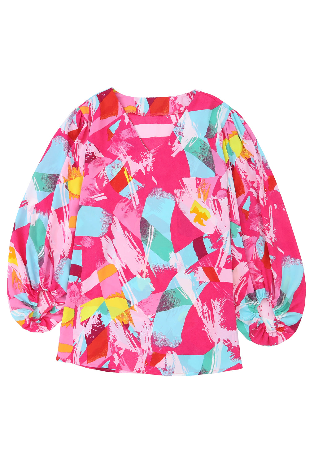 Pink Plus Size Graffiti Print Split Neck Puff Sleeve Blouse - SELFTRITSS