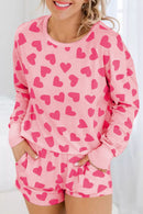 Pink Valentine Heart Shape Print Long Sleeve Top Shorts Lounge Set - SELFTRITSS