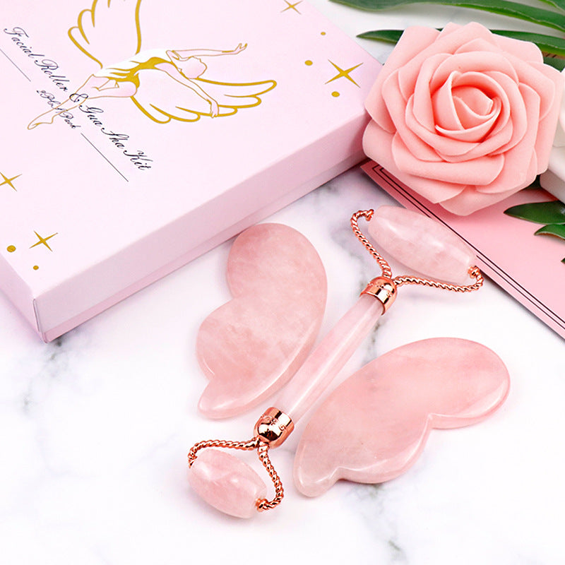Pink Crystal Roller Butterfly Jade Facial Beauty Massager - SELFTRITSS
