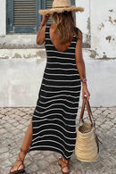 Black Stripe Print Open Back Sleeveless Maxi Dress with Slits - SELFTRITSS