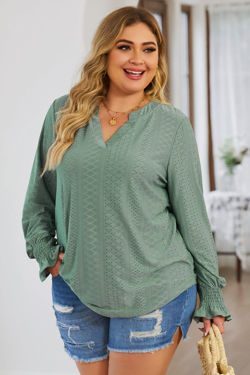 Green Eyelet Jacquard Split Neck Flounce Sleeve Plus Size Blouse - SELFTRITSS