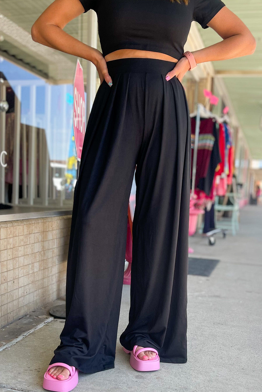 Black Slim Fit Crop Top and Pleated Wide Leg Pants Set - SELFTRITSS