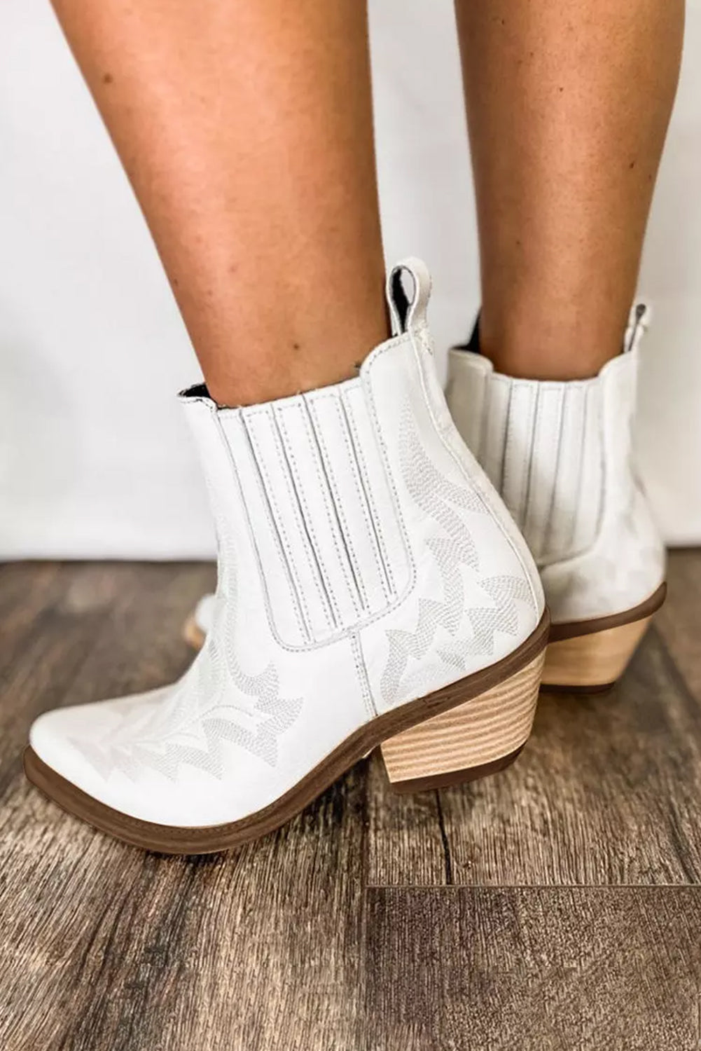 White Embroidered Leather Thick Heel Booties - SELFTRITSS