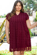 Burgundy Plus Size Swiss Dot Ruffled Sleeve V Neck Dress - SELFTRITSS