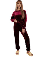 Fiery Red Solid Velvet Two Piece Lounge Set - SELFTRITSS