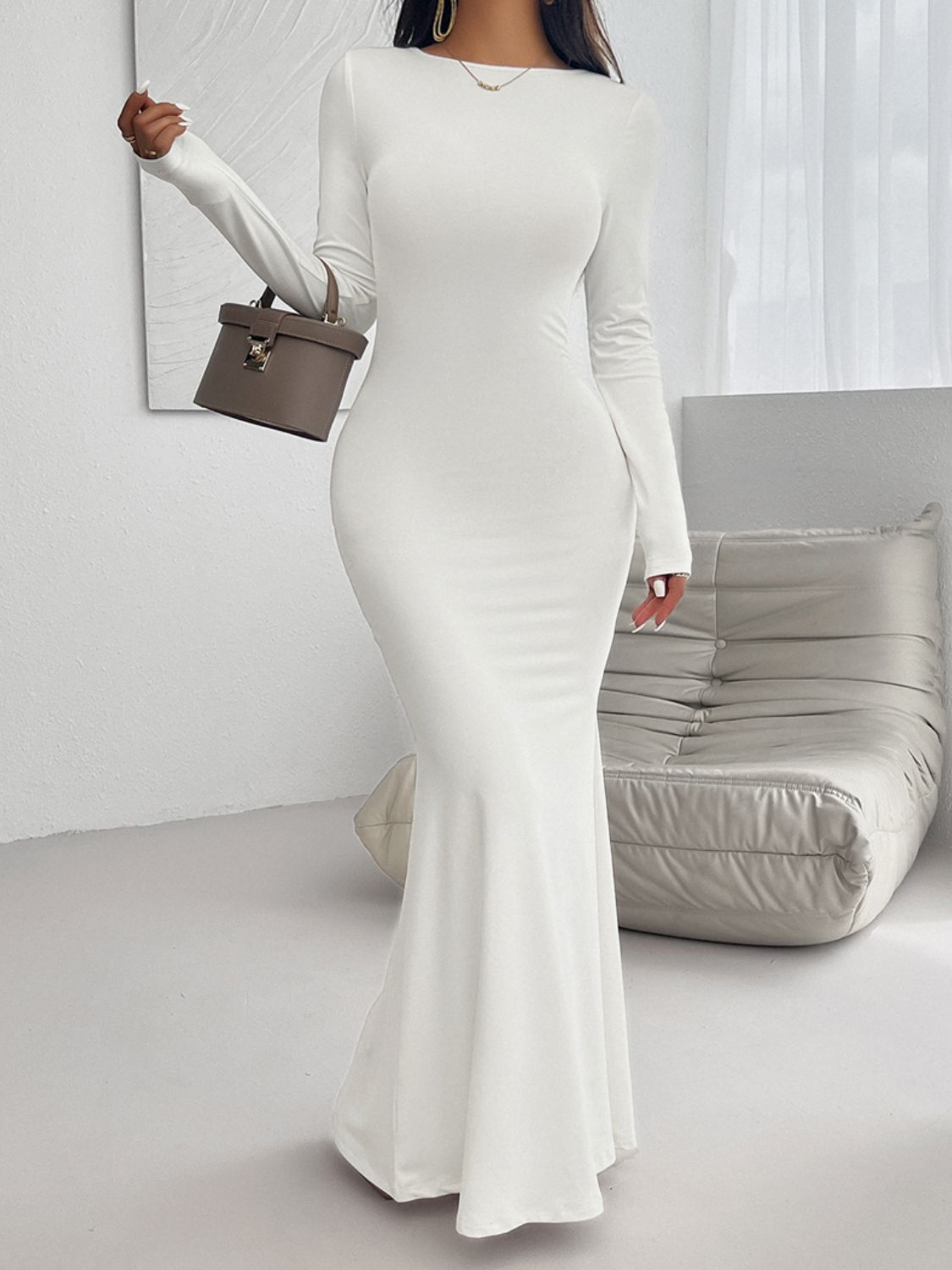 Devine Backless Round Neck Long Sleeve Maxi Dress - SELFTRITSS   