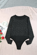 Black Rhinestone O-neck Long Sleeve Bodysuit - SELFTRITSS   