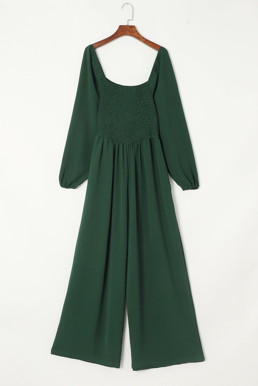 Green Smocked Square Neck Long Sleeve Wide Leg Jumpsuit - SELFTRITSS   