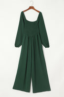 Green Smocked Square Neck Long Sleeve Wide Leg Jumpsuit - SELFTRITSS   