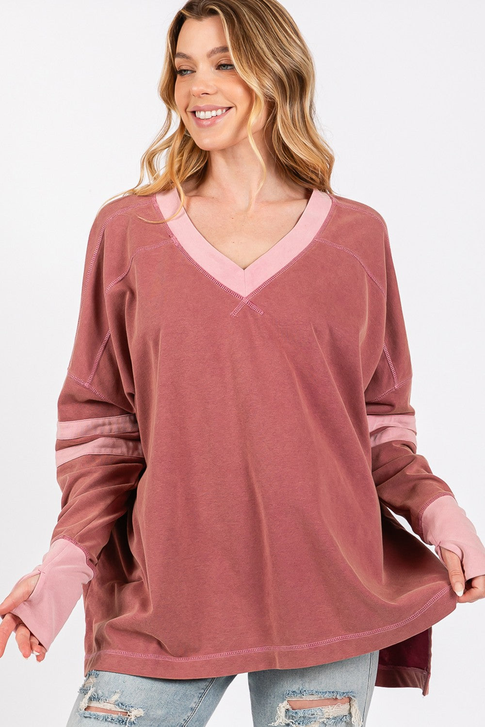 Pink Mineral Wash Side Slit Contrast Sweatshirt - SELFTRITSS   