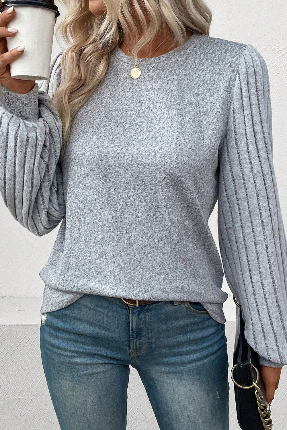 Gray Contrast Ribbed Bishop Sleeve Top - SELFTRITSS