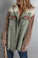 Green Color Block Button Down Hooded Corduroy Jacket - SELFTRITSS   