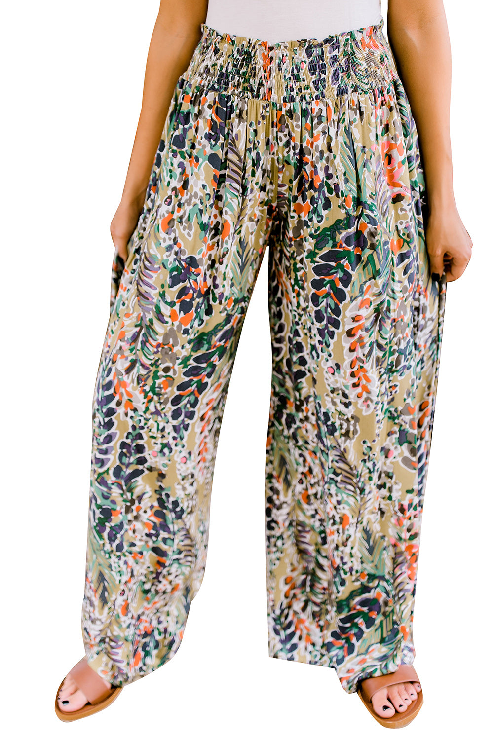 Multicolor Floral Print Shirred High Waist Wide Leg Casual Pants - SELFTRITSS
