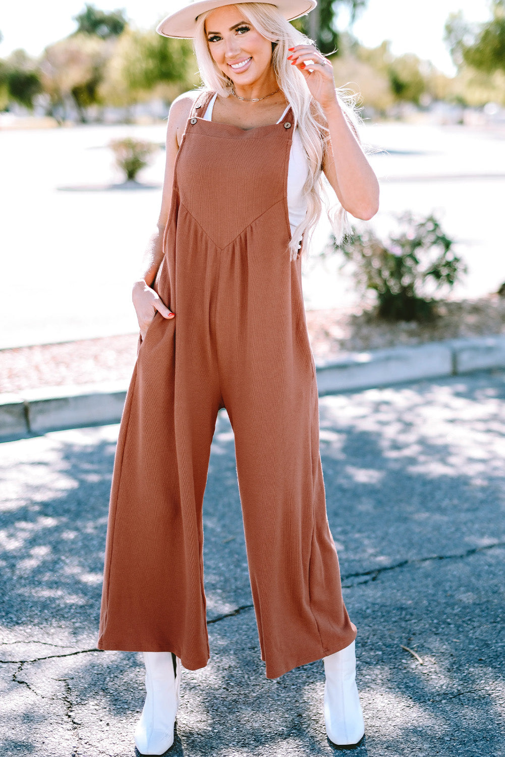 Gold Flame Textured Buttoned Straps Ruched Wide Leg Jumpsuit - SELFTRITSS   