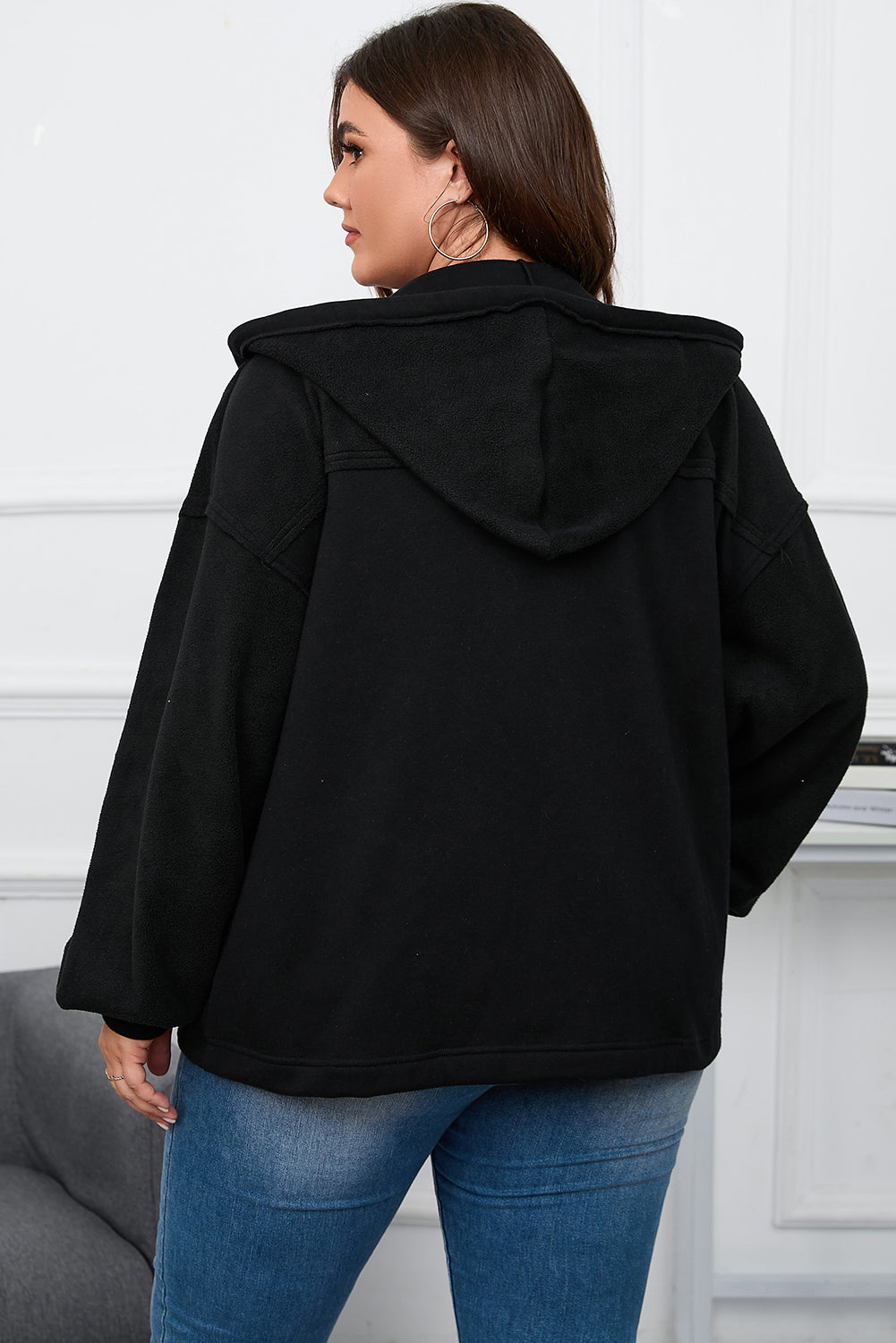 Black Plus Size Bishop Sleeve Zip Up Hooded Jacket - SELFTRITSS
